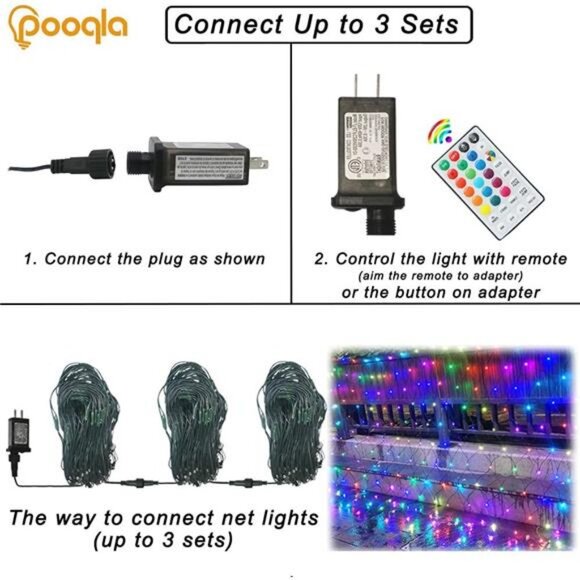 RGB Net Lights, Color Changing LED Christmas Mesh Lights, 9.8ft x 6.6ft 204 LED - Picture 5 of 7